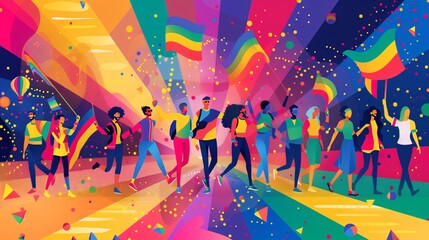 Obraz premium A dynamic vector illustration capturing the vibrant energy of LGBTQ+ Pride month festivities, featuring a group of people marching on the catwalk, adorned with rainbow-colored attire and symbols,