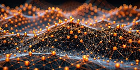 Abstract data network visualization with orange dots and lines on wavy surface created with generative technology , technology, network, data, visualization, abstract, orange, dots, lines