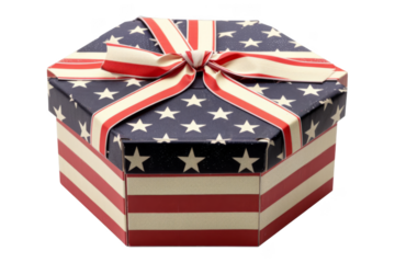 A box with a red, white and blue striped background and a bow on top
