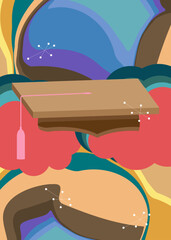 Retro 70s Background with Graduation Cap, mortar board. Groovy Education celebration. 1970s art template. Minimalistic Vintage design poster. Old-fashioned color artwork.