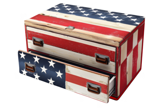A wooden chest with a red, white and blue striped design