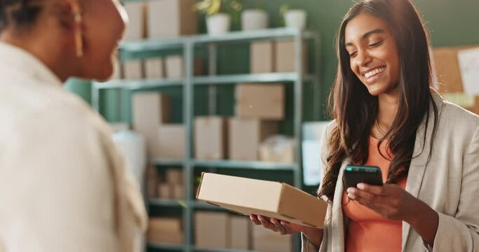 Woman, distribution and business with parcel for payment by card for e commerce, online shopping and express for customer service. Happy, owner and client with purchase order for package process