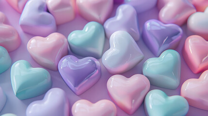 Obraz premium A bunch of colorful hearts are scattered across a purple background