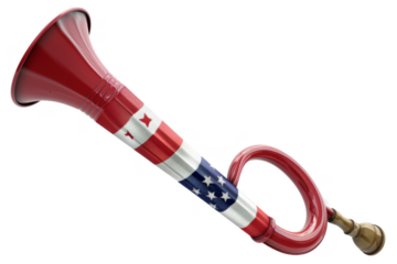 A red trumpet with a white stripe and red stars on it