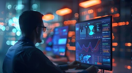 Man Analyzing Financial Data on Computer Screens
