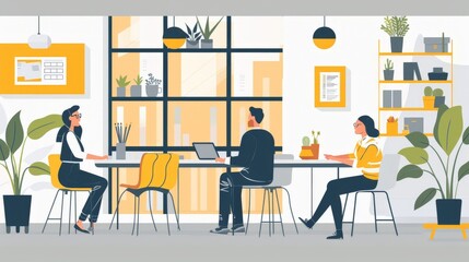 A flat design illustration of an architect presenting a new building design to clients in an office setting. The minimalist background highlights the client-focused approach and presentation skills