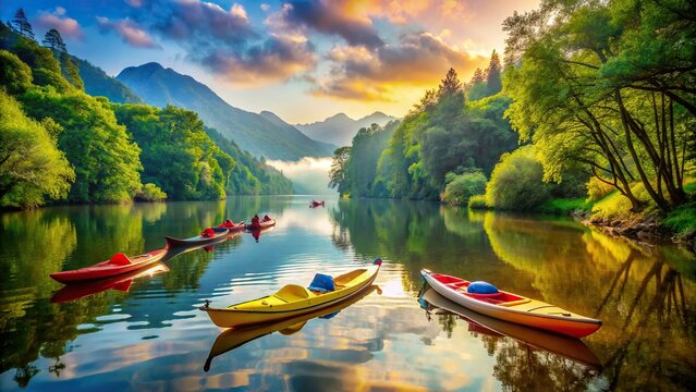 Scenic shot of kayaks floating on a tranquil river , outdoors, adventure, recreation, nature, water, peaceful, activity, tranquility, relaxation, canoe, summer, leisure, paddling, oars
