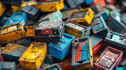 Obraz premium A messy pile of used ink cartridges with ink stains and scratches, emphasizing recycling