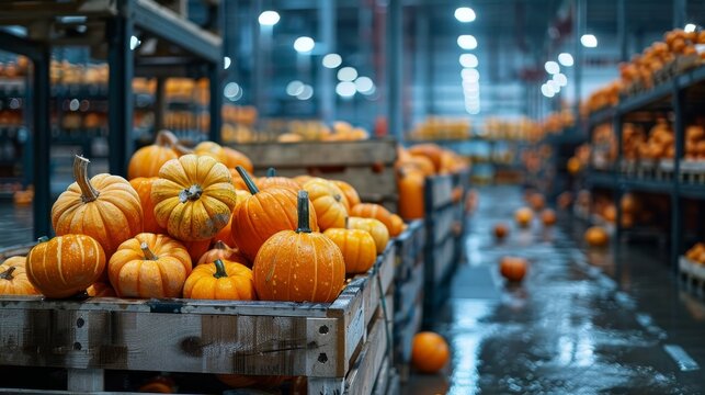 A line of packed crates overflowing with pumpkins, positioned on a loading dock with an industrial setting