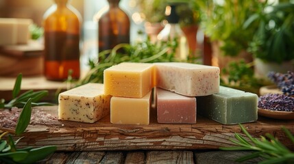 Assorted solid shampoo bars placed on a rustic wooden surface, with aromatic plants and diffused lighting enhancing the spa ambiance