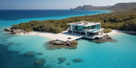 Obraz premium Modern luxury house on an island near the beach. bright turquoise sea water
