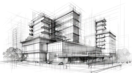 Sketch design and drafting of wireframe building. 3d illustration, Digital project visualization.