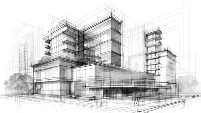 Sketch design and drafting of wireframe building. 3d illustration, Digital project visualization.
