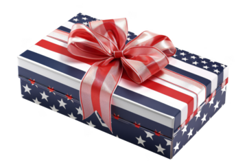 A red, white, and blue box with a red ribbon tied around it