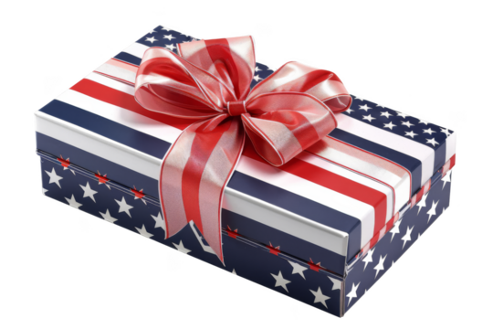 A red, white, and blue box with a red ribbon tied around it
