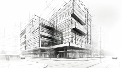 Sketch design and drafting of wireframe building. 3d illustration, Digital project visualization.