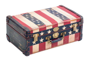A suitcase with a red, white and blue striped design and stars on it