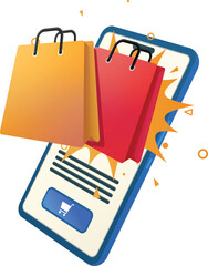 Concept of shopping in online stores and e-commerce, smartphone with two shopping bags coming out of it representing promotion days and special discounts