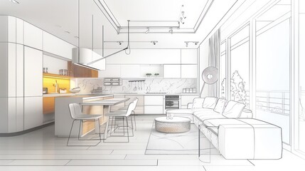Beautiful Stylish kitchen interior sketch design and drawing with modern furniture. Combination of photo and sketch