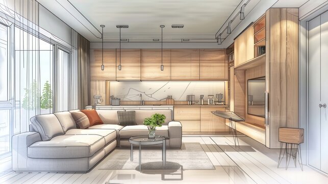 Beautiful Stylish kitchen interior sketch design and drawing with modern furniture. Combination of photo and sketch