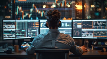 Obraz premium Trader analyzing financial data on multiple computer screens in a dark office