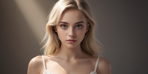 Fototapeta premium Beautiful blonde woman wearing white dress. Facial treatment, Skincare, Cosmetology, plastic surgery