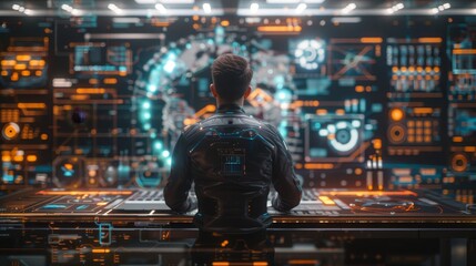 Man analyzing data on multiple futuristic screens in a high-tech control center