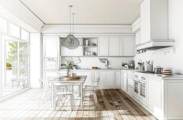 Beautiful Stylish kitchen interior sketch design and drawing with modern furniture. Combination of photo and sketch