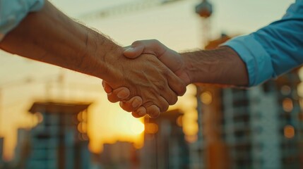 successful handshake of engineer and businessman at construction site after they have a good deal connection.