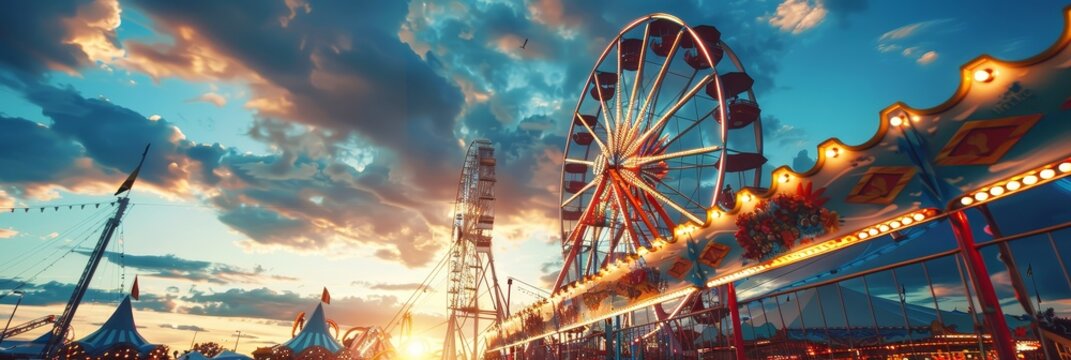 Sunset at a festive amusement park - A captivating image of a sunset over a lively amusement park, featuring a Ferris wheel and colorful booths