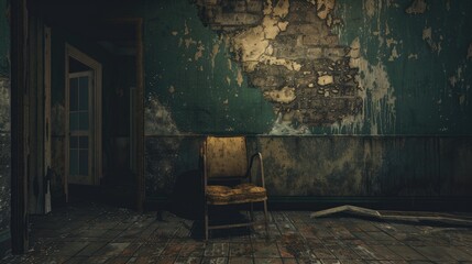 A cracked chair had been positioned next to the wall outside the room
