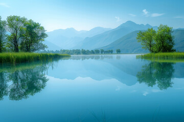 Obraz premium illustration of morning fog over a beautiful lake surrounded,surrounded by hills, trees and mountains. 