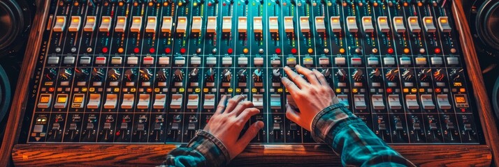 Person operating a sound mixing console - A person is adjusting controls on a sound mixer in a studio with colorful lights highlighting the equipment
