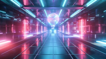 Futuristic neon-lit tunnel with disco ball - A vibrant, glowing corridor adorned with pink and blue neon lights and a central disco ball reflecting the ambient light