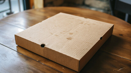 closeup of closed brown cardboard pizza box, minimalist dining table background. Ai generated Images