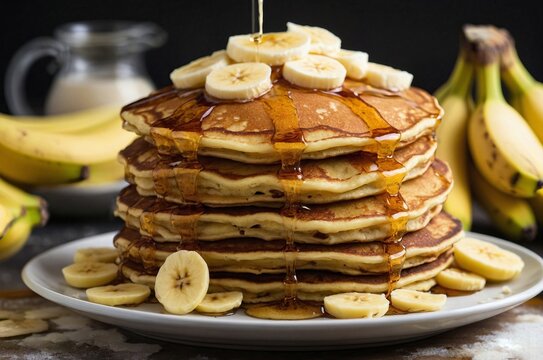 Banana Pancakes Stack: a stack of fluffy banana pancakes on a white plate, topped with sliced bananas, a pat of butter, and a generous drizzle of maple syrup cascading down the sides.