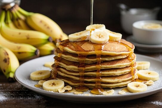 Banana Pancakes Stack: a stack of fluffy banana pancakes on a white plate, topped with sliced bananas, a pat of butter, and a generous drizzle of maple syrup cascading down the sides.