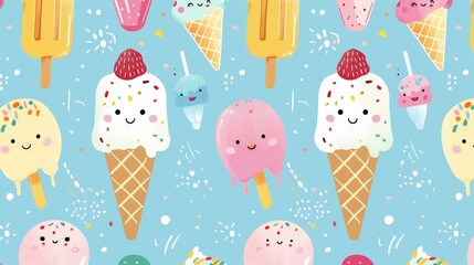 A seamless pastel-colored pattern featuring cute cartoon ice cream cones and popsicles with smiling faces, perfect for summer fabric designs