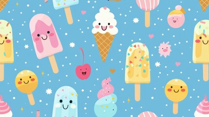 A seamless pastel-colored pattern featuring cute cartoon ice cream cones and popsicles with smiling faces, perfect for summer fabric designs