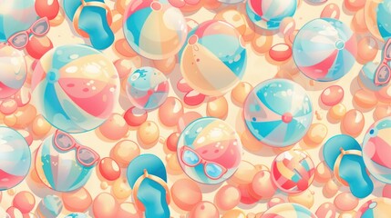 A whimsical pastel pattern of cartoon beach balls, flip-flops, and sunglasses, all in soft summer colors, creating a fun and playful design