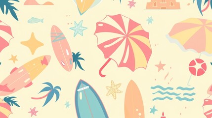 A cute summer-themed pattern with pastel-colored cartoon beach umbrellas, surfboards, and sandcastles, evoking a relaxing beach day