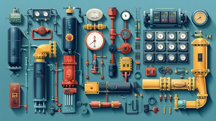 A flat lay composition of various industrial machinery and equipment