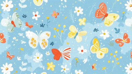 A delightful pastel pattern of cartoon butterflies, flowers, and sunny skies, evoking the warmth and beauty of summer days