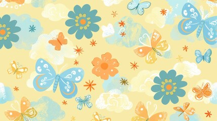 A delightful pastel pattern of cartoon butterflies, flowers, and sunny skies, evoking the warmth and beauty of summer days