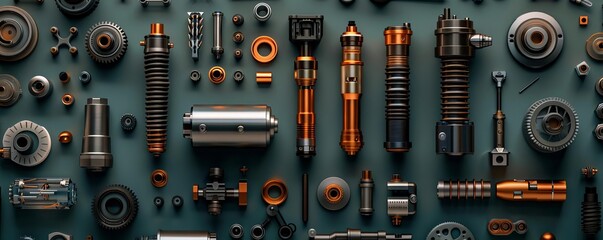 Fototapeta premium An overhead view of various engine parts