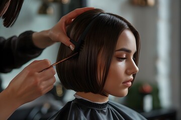 Professional hairdresser styling client s hair into sleek modern bob cut in trendy salon