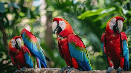 Red and green Macaw in tropical forest. Generative Ai