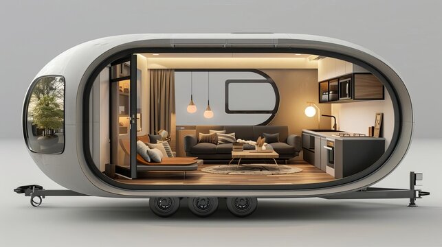 3D rendering of a tiny house on wheels