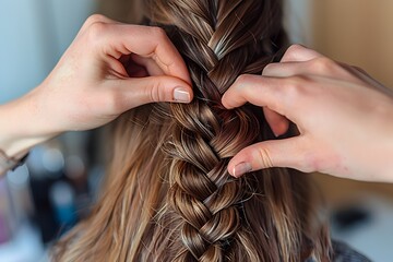 Fototapeta premium Close up of Woman s Hands Braiding Intricate Fishtail Braid in Long Hair