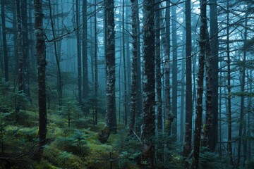 Obraz premium Foggy forest with mossy trees. Nature and tranquility concept.